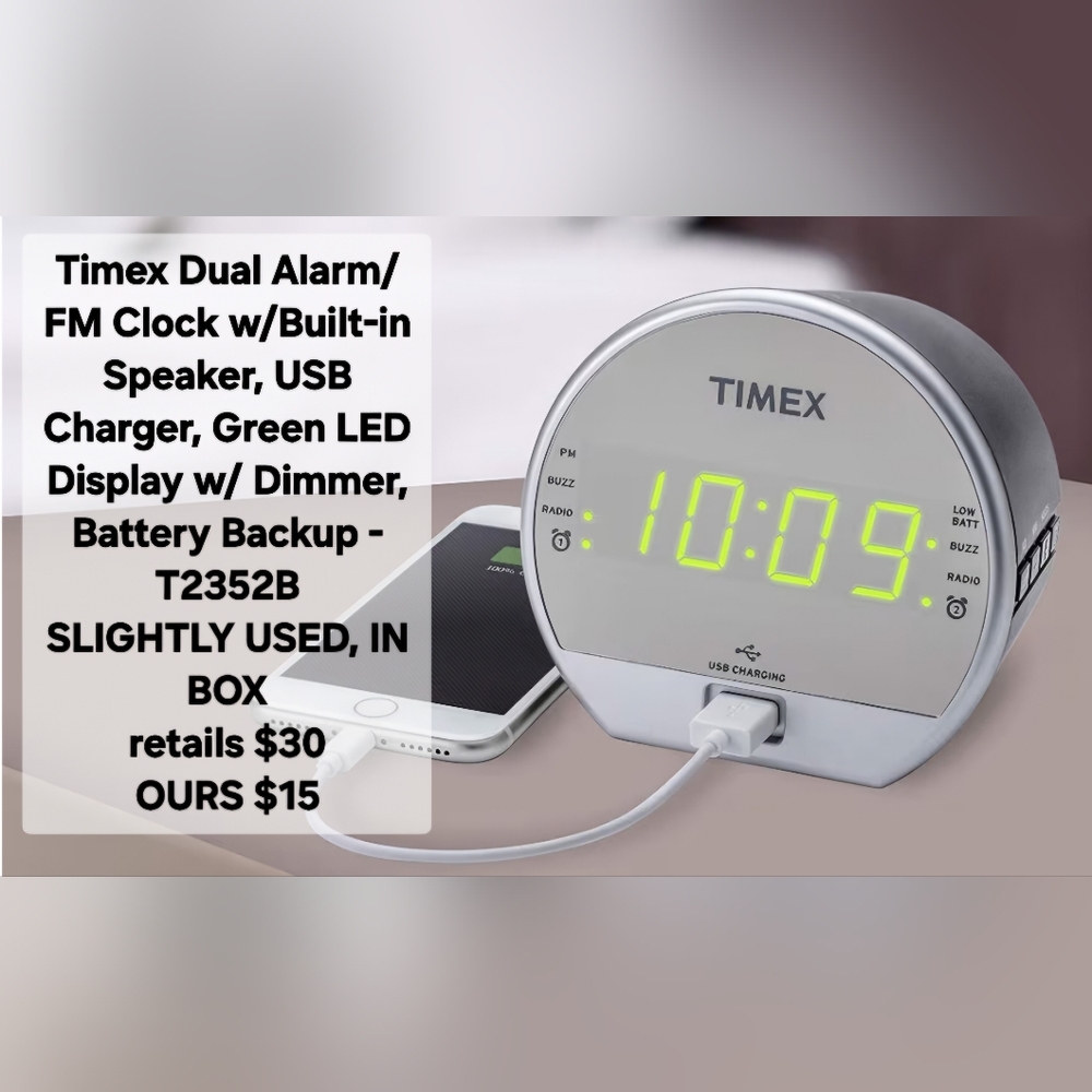 Timex Dual Alarm/ FM Clock w/Built-in Speaker, USB Charger, Green LED Display w/